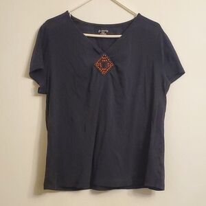 St Johns Bay Womens Black Short Sleeve V-Neck T-shirt XL Beaded Embellishment